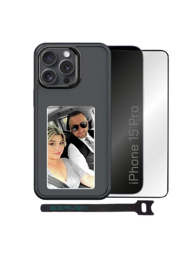 Bermek Husa iPhone 15 Pro NFC cu ecran E-Ink 4 culori, silicon + Folie de sticla, negru