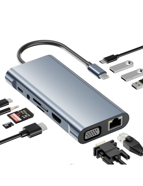 Statie andocare / Hub USB-C 11-în-1 Adaptor la HDMI 4K, VGA USB 3.0, SD/TF, RJ45 Gigabit, Audio Jack 3.5mm, PD 100W – Compatibil