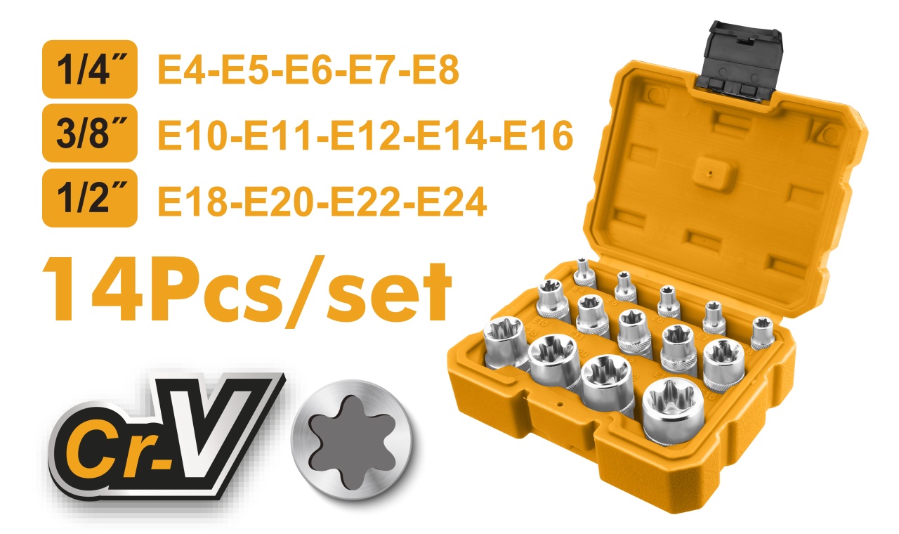 Trusă Chei Tubulare Stea CR‑V 14 bucăți – INGCO HKTETS0114