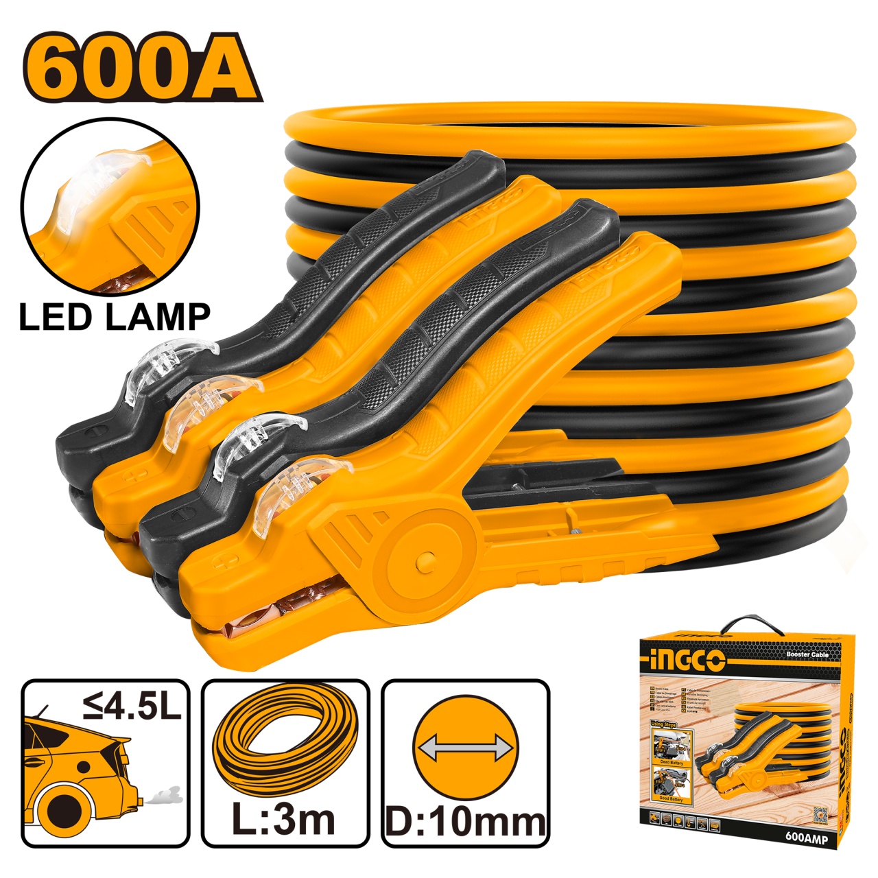Cabluri Pornire Auto 600A, 3m cu Led Ingco HBTCP6008L