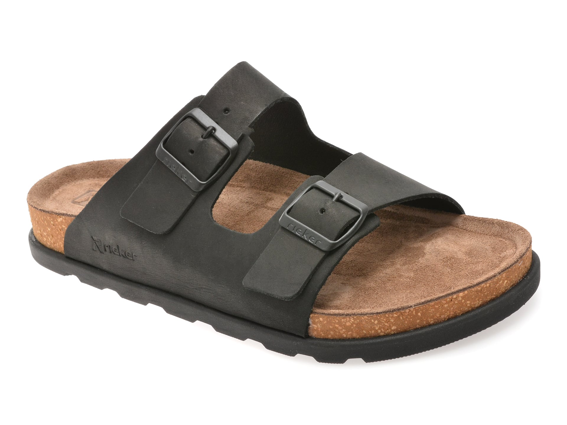 Papuci RIEKER negri, 21190, din piele naturala