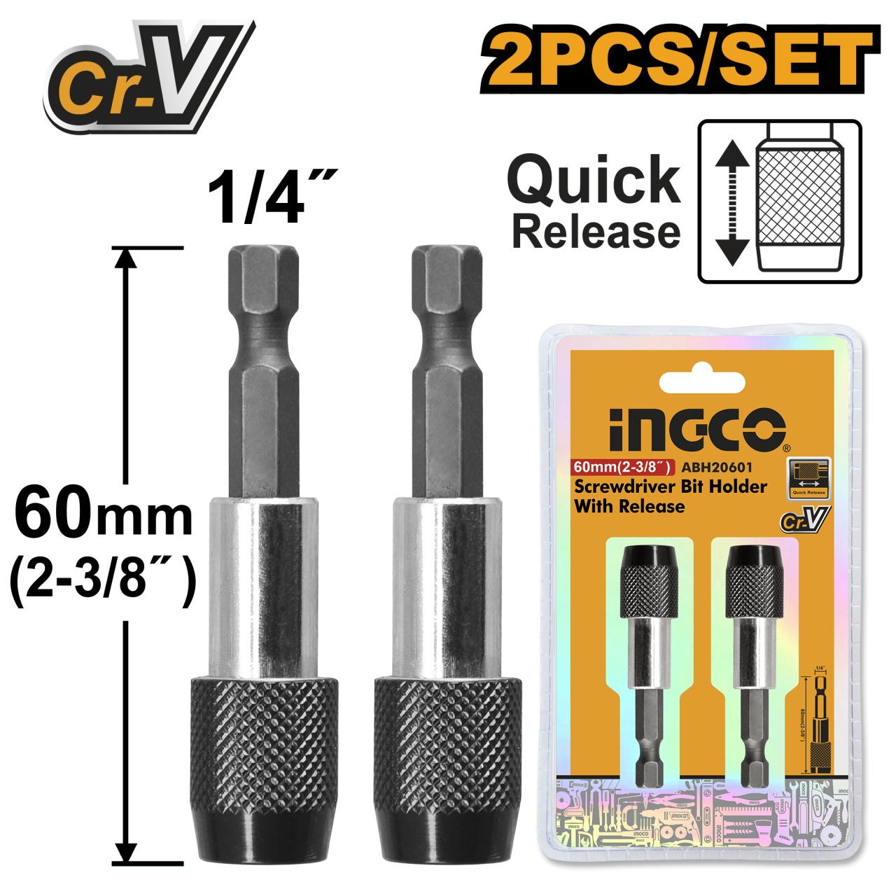 Prelungitor Bits cu Eliberare Rapida Set 2buc 60mm INGCO ABH20601 – Rapiditate si Precizie in Lucrarile de Insurubare
