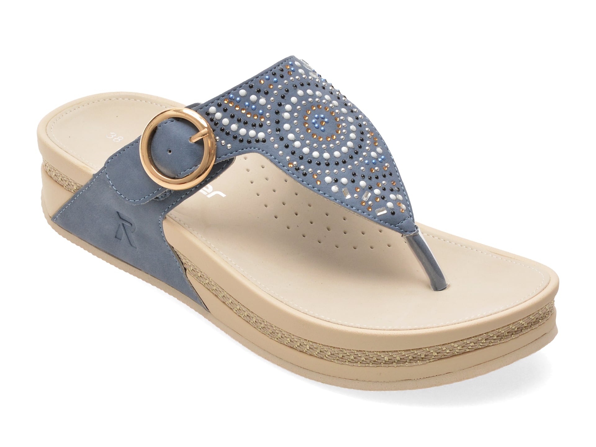 Papuci RIEKER albastri, V1465, din piele ecologica