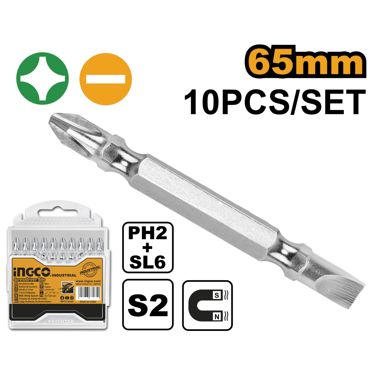 Set Biti PH2+SL6 Lung Combinat + - 10buc INGCO SDB21HL133