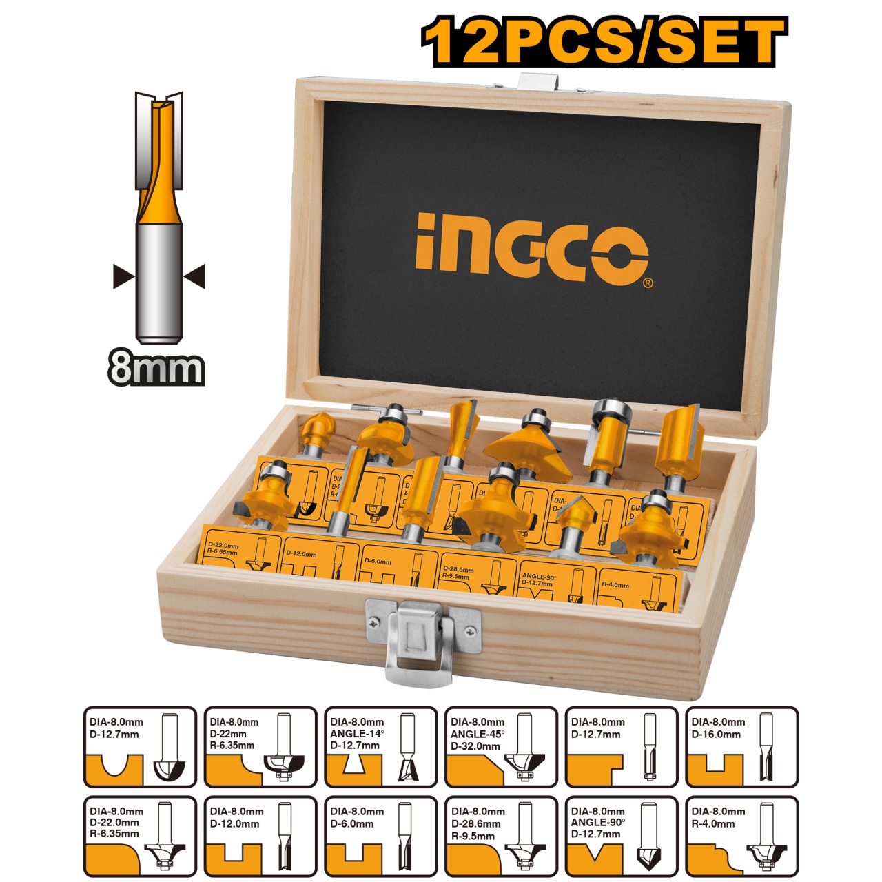 Set freze Accesorii Oberfreza 12 bucati Ingco AKRT1211