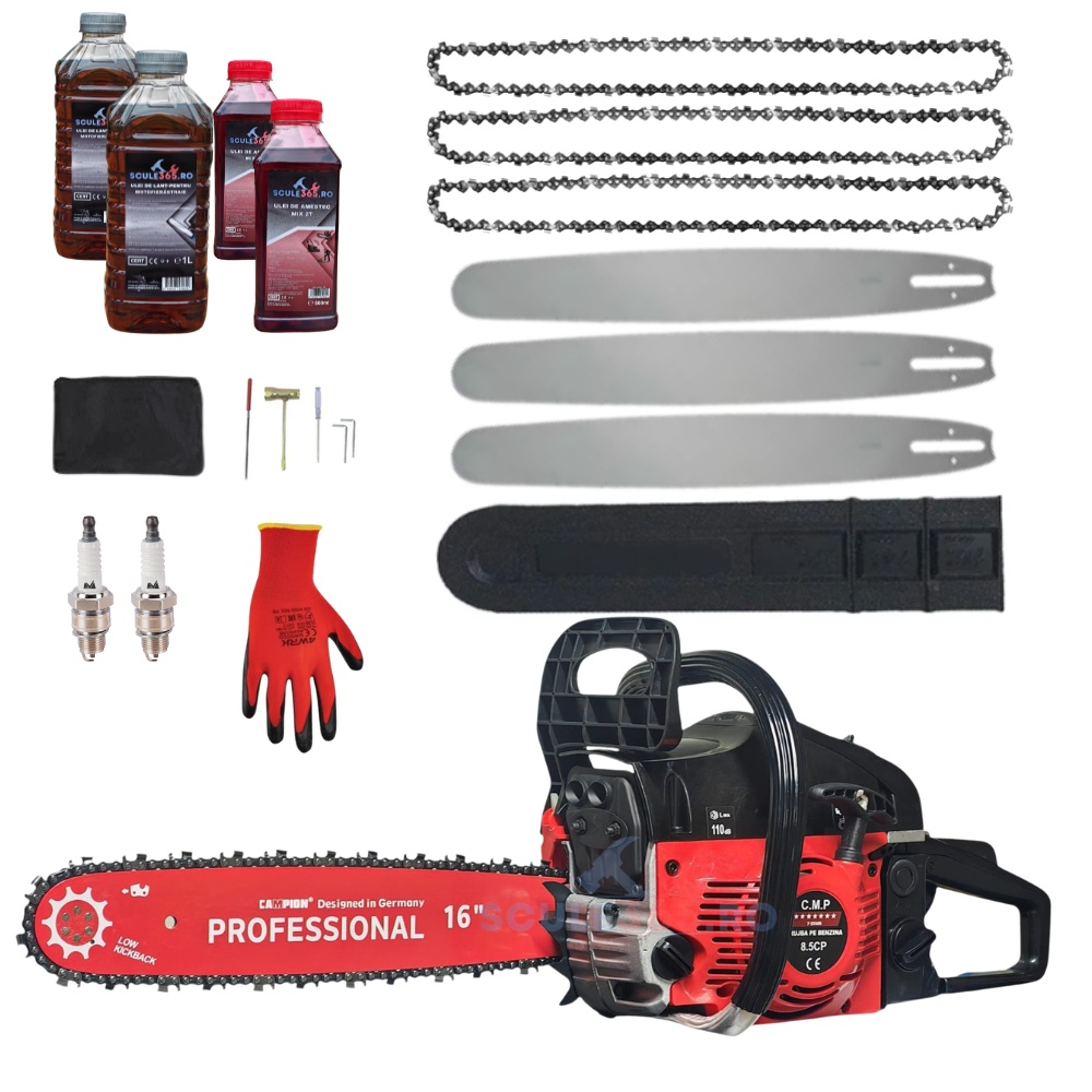 *SUPER Pachet* 8.5cp Drujba benzina + 3 lanturi + 3 lame + x2 ulei ungere lant 1L + x2 ulei amestec 0.5L + x2 bujii + accesorii 