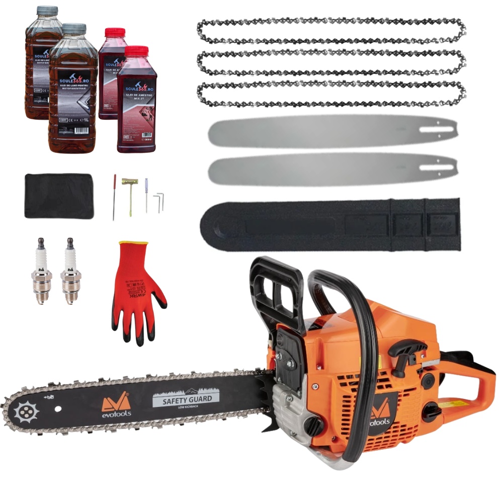 *PACHET* 55cmc Drujba benzina + 3 lanturi + 2 lame + x2 ulei ungere lant 1L + x2 ulei amestec 0.5L + x2 bujii + accesorii + manu