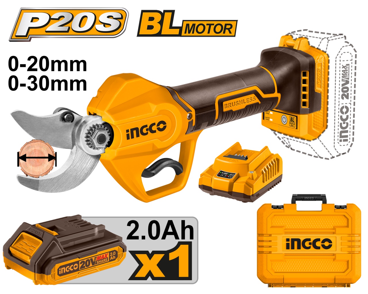Foarfeca electrica 20V, 30mm, motor brushless, profesional cu 1 Acumulator și valita transport INGCO CSSLI203083