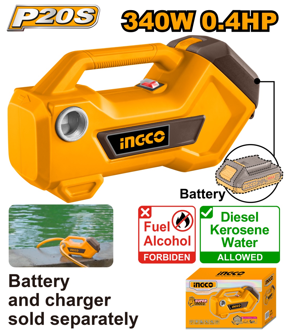 Pompa de transfer lichide 20V, 0.4HP, 48 l/min, conexiune 3/4", fara acumulator, P20S INGCO TPLI2001