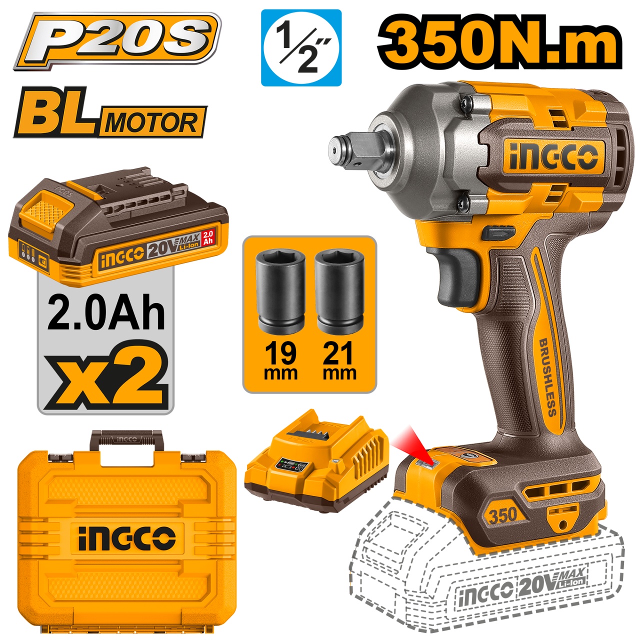 Masina de insurubat pistol cu impact, 350nm, 1/2 cap, 2 acumulator, trepte reglabile, valiza transport INGCO CIWLI2035