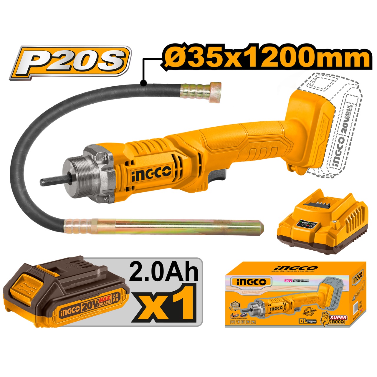 Vibrator beton cu acumulator 20V INGCO CCVLI2023011, 2300 rpm, cu 1 acumulator 2.0Ah si incarcator