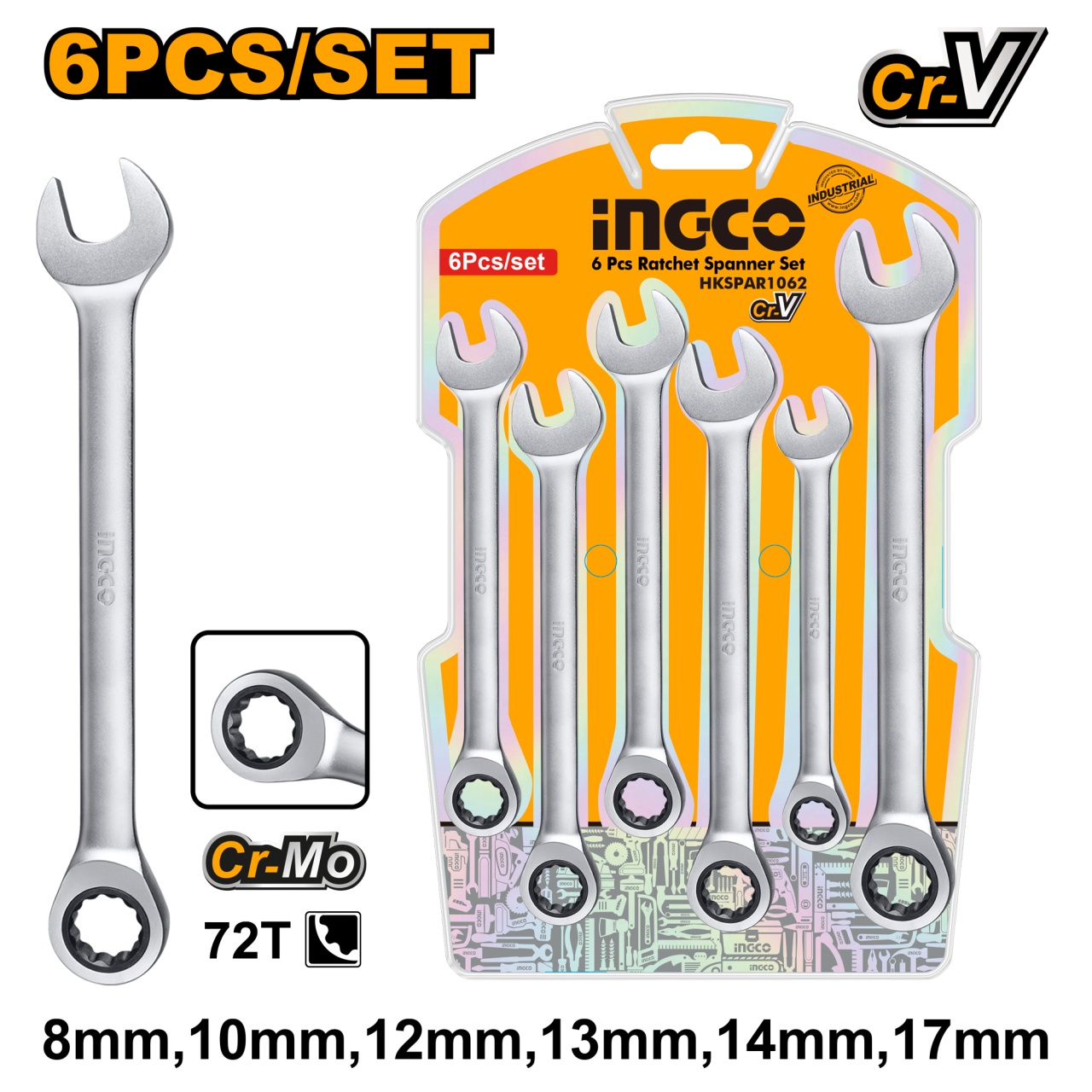 Trusa chei combinate cu clichet 6 buc, 8-17 mm, Cr-V, INGCO HKSPAR1062