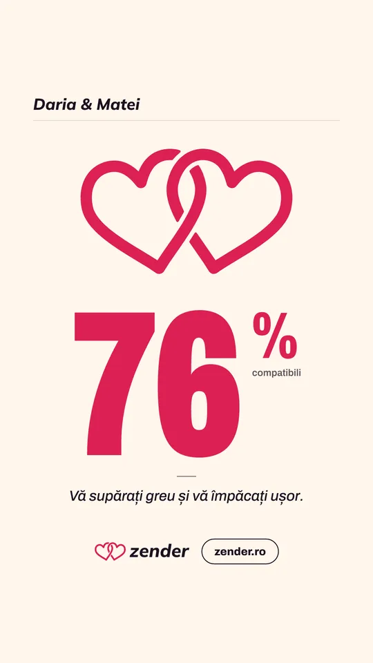 Exemplu de card pentru story, minimal, pe crem: Daria și Matei, 76% compatibili, cu fraza „Vă supărați greu și vă împăcați ușor.”