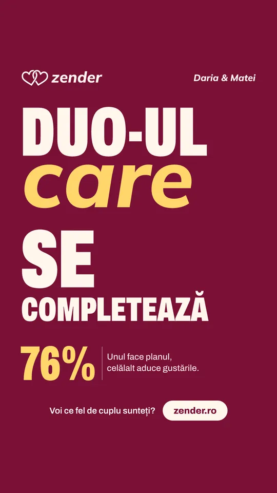 Exemplu de card pentru story, afiș tipografic pe vișiniu: „Duo-ul care se completează”, Daria și Matei, 76%, cu fraza „Unul face planul, celălalt aduce gustările.”