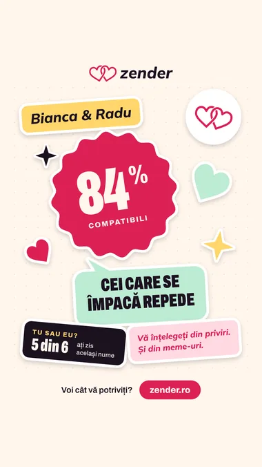 Exemplu de card pentru story, coala de stickere: Bianca și Radu, 84% compatibili, „Cei care se împacă repede”, 5 din 6 la Tu sau Eu?